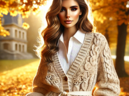 Cardigan torsadé beige porté en plein air automnal – Un cardigan torsadé en laine beige, ample et confortable, idéal pour un look preppy d'automne, avec des feuilles dorées en arrière-plan