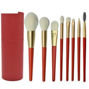8-Piece Red Gold Makeup Brush Set with Cosmetic Bag