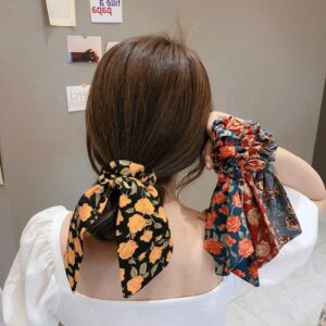 Floral Satin Ribbon Bow Knot Elastic Hair Scrunchie