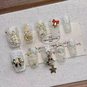 Handmade Christmas Colourful Short Press On Nails Set - Style 2 / 2.4cm(XS)